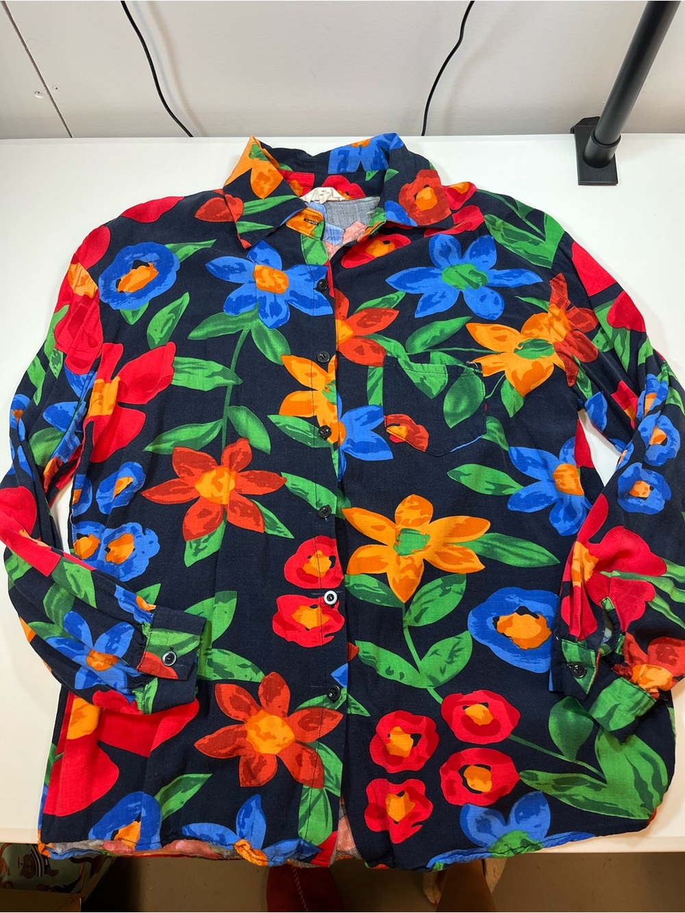Pink Ripple Vintage Style Floral Button Down Shirt M/L Navy Cotton